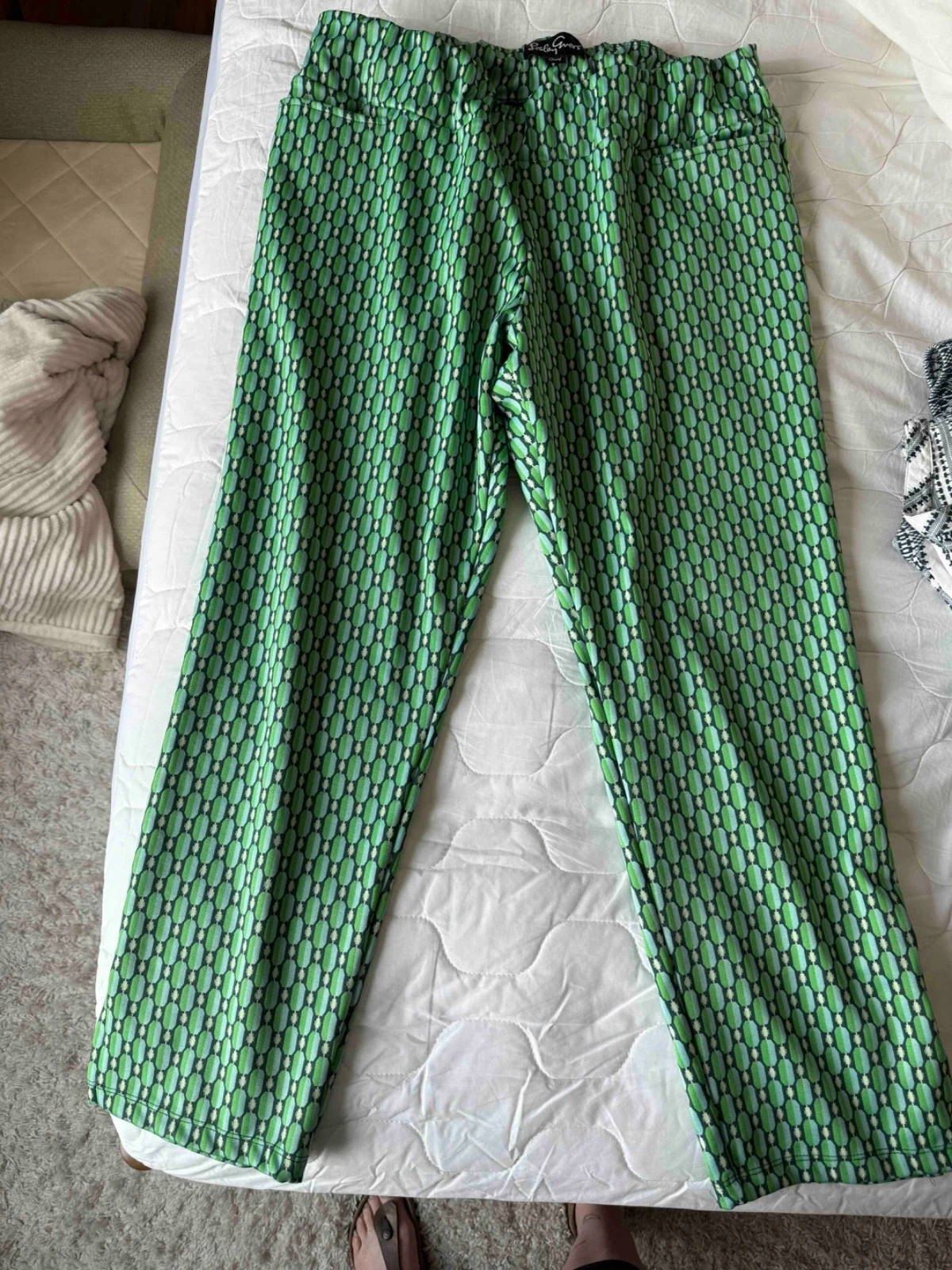 LESLEY EVERS blue green geometric stretch pull on comfort pants 1X with pockets!