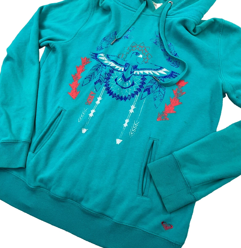 复古 Y2K Roxy 连帽衫女式大号青绿色人造毛皮帽阿兹特克西南部 — 第 2/4 张图片