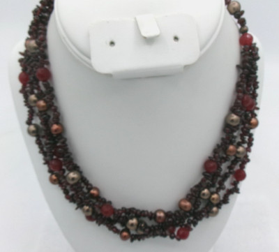 Garnet Nugget Bronze Dyed Pearls and Acrylic Bead 4 Strand 925 Clasp Necklace
