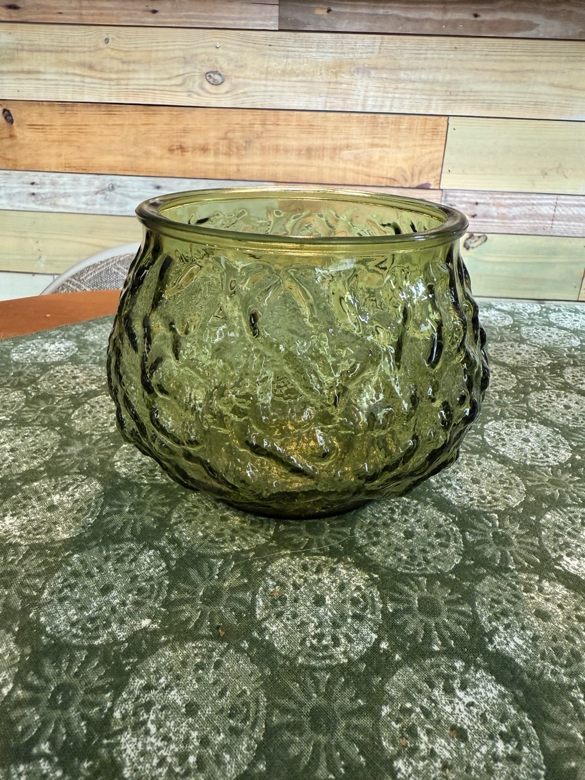Vintage EO Brody Avocado Green Crinkle Glass Vase Planter