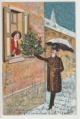 Postcard Congratulations Christmas, a man presents a small Christmas tree