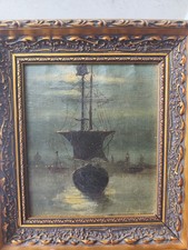 Huile sur toile ancienne scène marine bateaux moulin à vent