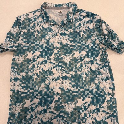 Puma Polo Shirt Mens M Green Golf Performance Stretch Floral Print AOP