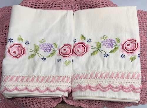 Vintage Hand Sewn Cross Stitch Pillow Case Flowers Pink Purple handmade bedding