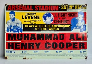 SUPERB RECTANGULAR ENAMEL BOXING SIGN MUHAMMAD ALI v HENRY COOPER MANCAVE