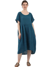 Italian Linen Lagenlook Dress Round Neck Short Sleeve Pockets One Size 12-18 New