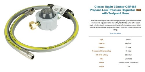 Clesse 4kg/h 37mbar CSR485 Propano Bajo Pr/Regulador ROI/POL con Manguera de Punto de Prueba - Imagen 4 de 7
