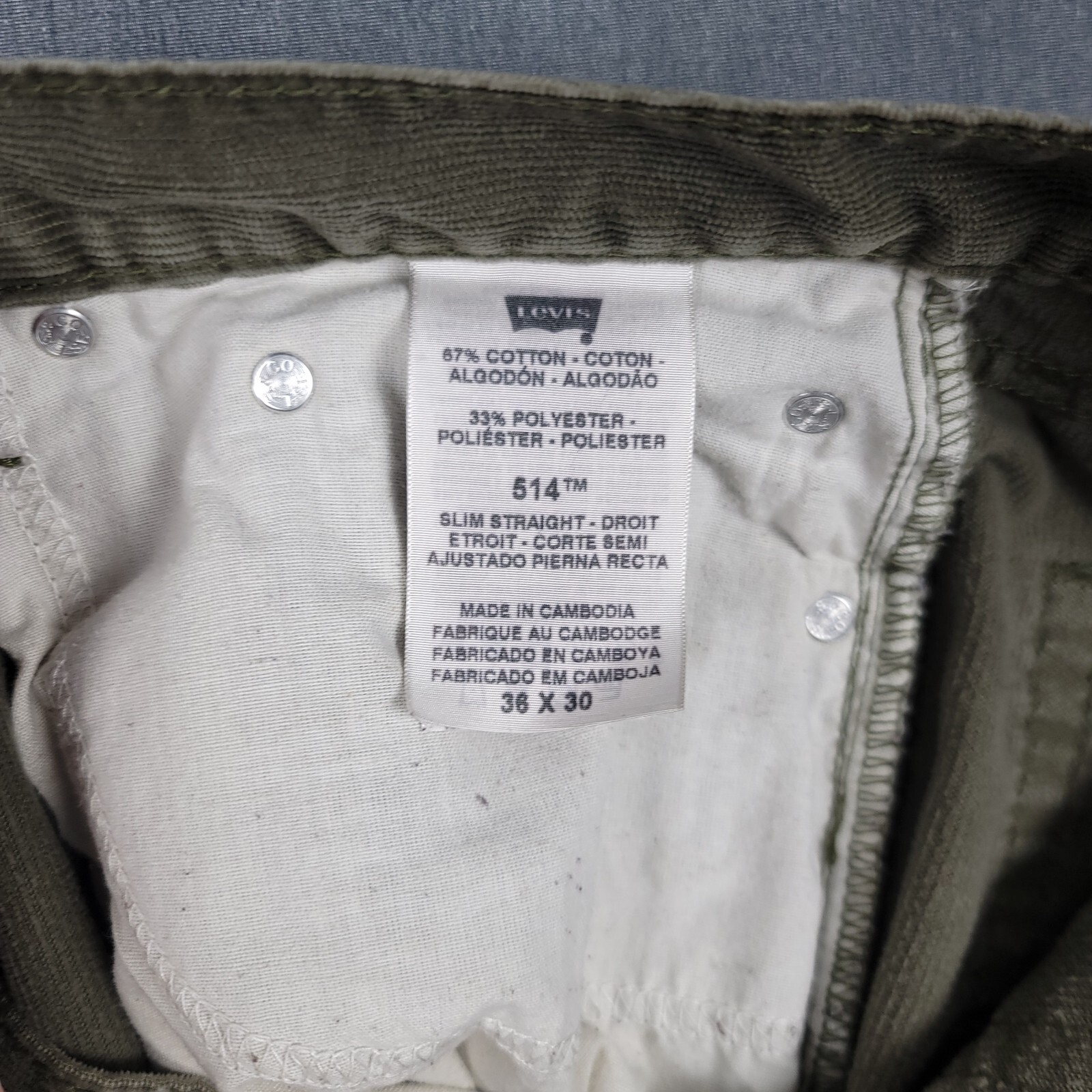 Levis 514 Pants Mens 36x30 (Fits 35x31) Green Corduroy Slim Straight White Tab thumbnail 15