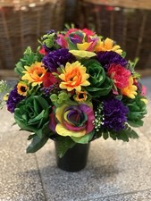 RAINBOW Roses Grave Pot Artificial Silk Crem Flowers Memorial Posy Spring Vase