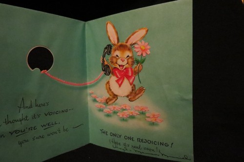 Tarjeta vintage TELÉFONO Y CONEJO Get Well c. 1940s - Imagen 4 de 6