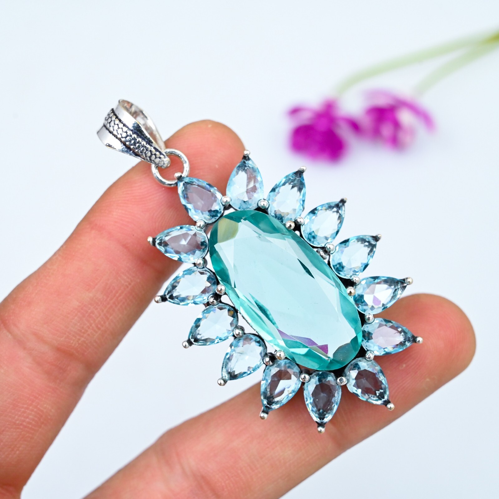Blue Topaz, Aquamarine Gemstone 925 Sterling Silver Handmade Pendant Jewelry