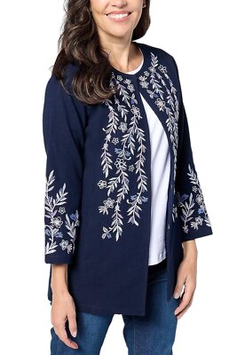 GRAVER Susan Graver Embroidered Cotton Topper Navy/Lavender
