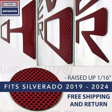 SET OF 2: Overlay Grill Letters + Tailgate Inserts 22 - 24 Silverado Red Carbon