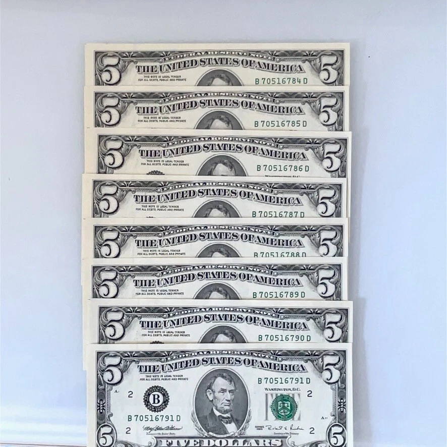 1995 New York 5$ Five Dollars FRN F 1978 B ( 8 Consecutive )  Unc Crisp - Image 3 of 4