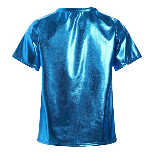 Girls Shiny Metallic T-Shirts Round Neck Crop Tops Party Hip-hop Jazz Tops - Picture 60 of 77