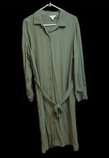 TIME and TRU Olive Army Green Button Up Waist Tie Long Sleeve Shirt Dress Rayon
