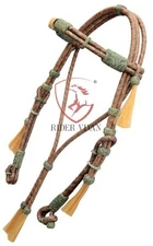 Chestnut Rawhide and Black Knotted Headstall, 16 Plaits Rawhide Headstall,