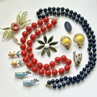 Vintage Costume Jewelry Colorful Eclectic Flower Necklace Earrings Brooch Lot