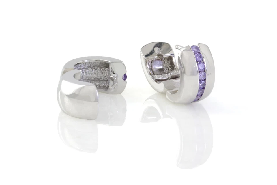 Amethyst Hoop Earrings 925 Silver 16mm Rhodium Plated  Style - Image 2 of 4