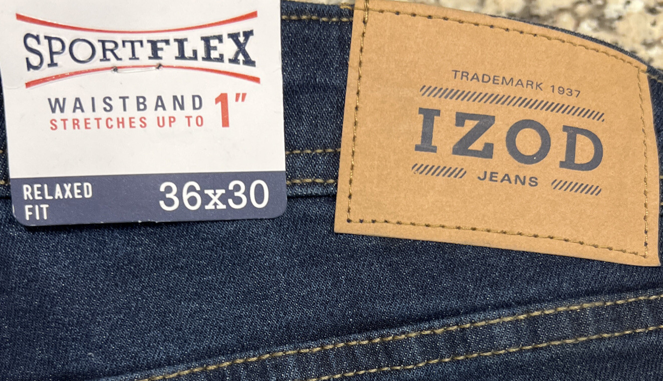 New $60 Izod Jeans Relaxed Fit Comfort Stretch Straight Leg Dark Tint Wash 36x30