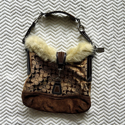 Coach Signature Monogram Beige Brown Shoulder Bag Zip Detach Strap Silver
