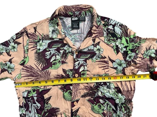 Star Wars Mandalorian Baby Yoda Grogu Hawaiian Button Up Rayon Shirt Peach READ - Picture 3 of 7