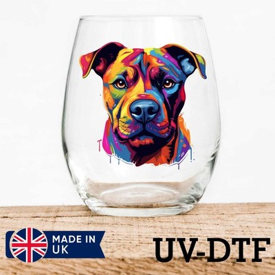 Bunter Pitbull Hund 8 Stück UV DTF Aufkleber - Glas Laptop Becher Tasse kq509