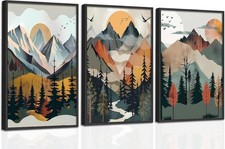 Mountain Canvas Wall Art Set of 3, Boho Sun Forest Abstract Nature Landscape Art