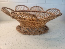 vintage boho woven wicker flower shaped basket with pedestal