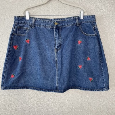 SheIn Denim Mini Skirt Plus 4XL Strawberry Embroidered Summer Twee Romantic 
