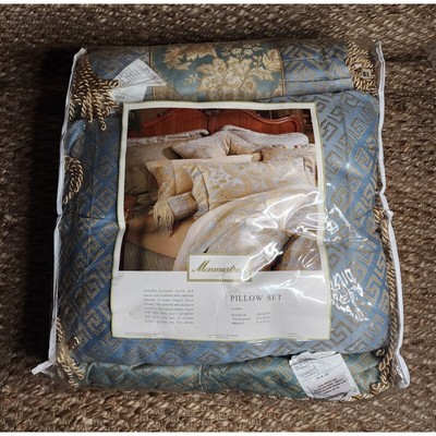Monmartre French Blue Gold Rope Trim Floral Damask 3-Piece Bed Pillow Set