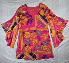 Voom By Joy Han Go Go Mini Dress Bell Sleeves Floral Art to Wear Hot Pink S