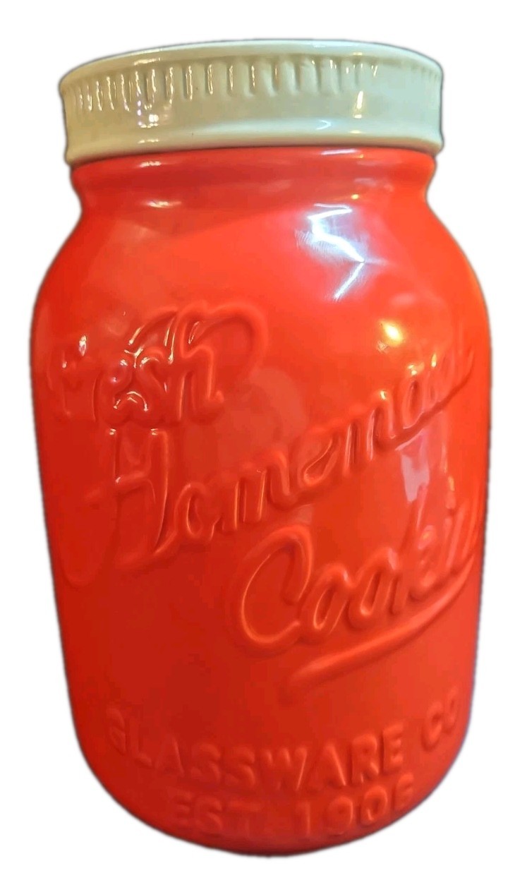 Retired World Market Red Cookie Jar W/Gray Lid "Fresh Homemade Cookies" 