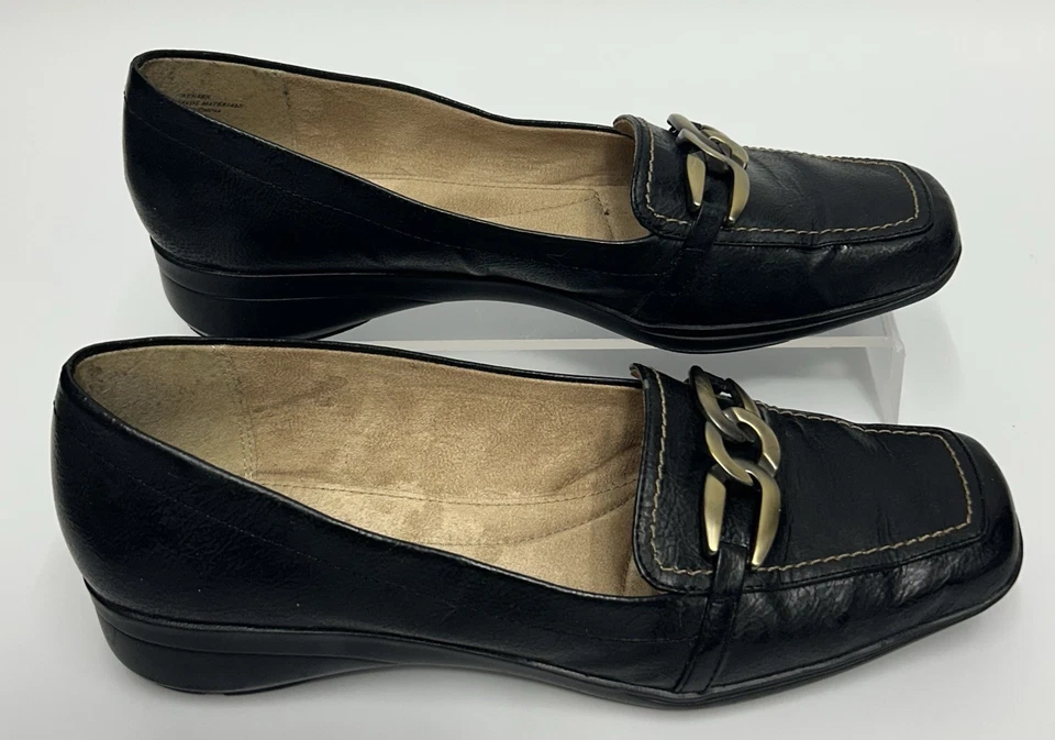 Mocasín Vintage y2k Clásico Cadena Oro Negro Talla 8 Antiguo Dinero Academia Cuadrado  Foto 3 de 4