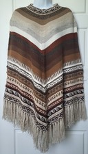 Alpaca Multicolor Poncho Unisex Perumaqui Andean Knit Beige Fringe