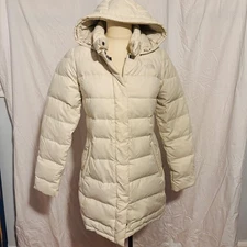 The North Face Size Medium Long Ivory Off-White Goose Down Jacket Parka Hooded