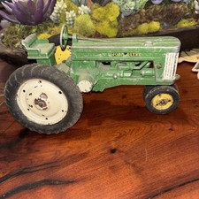 Vintage John Deere Green Diecast Toy Tractor with Pull-Behind Tow Implement