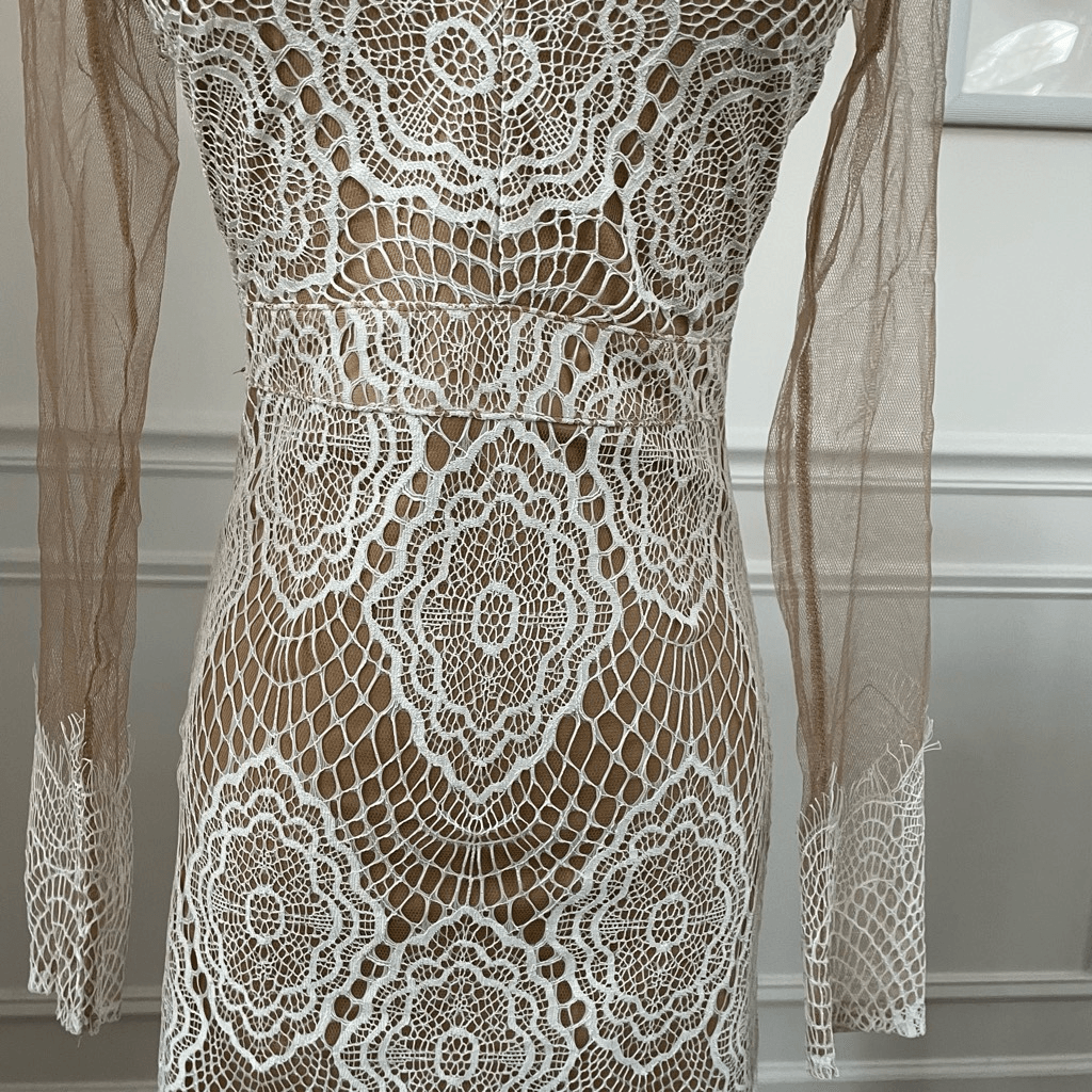 Luxxel Luxxel White Crochet Lace Nude Mesh Sheath Dress Long Sleeves XS | Sz: XS | Color: White tan Luxxel Luxxel White Crochet Lace Nude Mesh Sheath Dress Long Sleeves XS | Sz: XS | Color: White tan