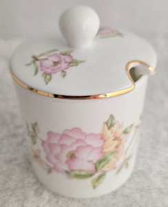 VINTAGE ROYAL STAFFORDSHIRE ENGLAND JAM JAR AZALEAS WITH LID BONE CHINA ENGLAND