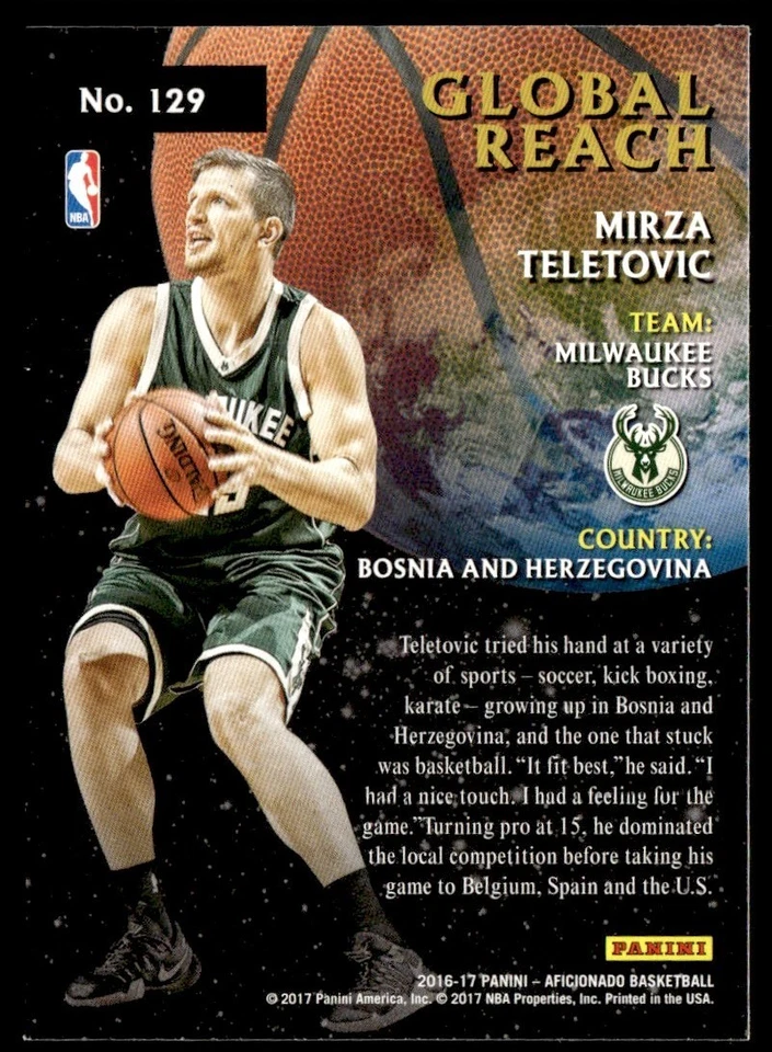 2016-17 Panini Aficionado Global Reach Mirza Teletovic Milwaukee Bucks #129 - Image 2 of 2