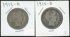 (2) Coins - 90% Silver Barber Half Dollars 1913-D & 1915-D