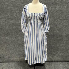 Ganni Dress Womens S Blue White Striped Smocked Puff Sleeve Midi Sundress