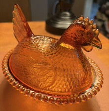 Vintage Indiana Glass Hen On Nest Amber 7 Inch