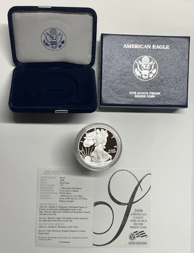 2008-W American Silver Eagle Proof 1 Troy oz .999 Fine Silver Coin in box w/COA