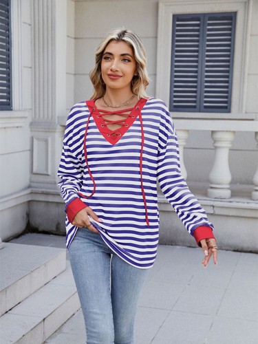 Striped T-Shirt Lace-Up Crisscross V Neck Long Sleeve Blouse Top - Picture 22 of 52