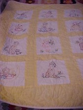 Embroidered Squares Baby Quilt w/ Yellow Gingham