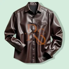 Men's Genuine Lambskin Leather Shirt Brown Button-Up Casual Shirt Western Style