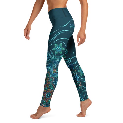 Blue Dot Mandala Leggings -Teal Geometric High Waist Buttery Soft Gym Yoga Pants - Picture 13 of 25