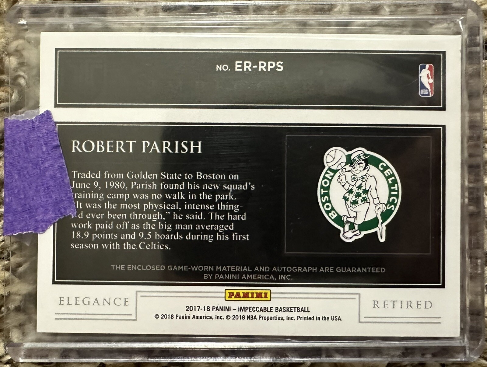 2017-18 Impeccable Basketball Robert Parish Game Used Jersey Auto #63/99 Celtics view 2