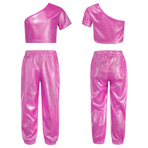Girls Outfits 2pcs Costume Soft Set Shiny Dancewear Dance Pants One Shoulder - Picture 20 of 66